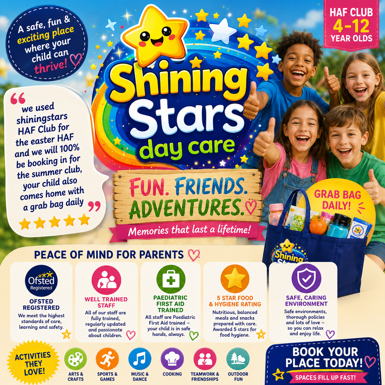Shiningstars HAF Club information for families, including trained staff, first aid, food hygiene and activities