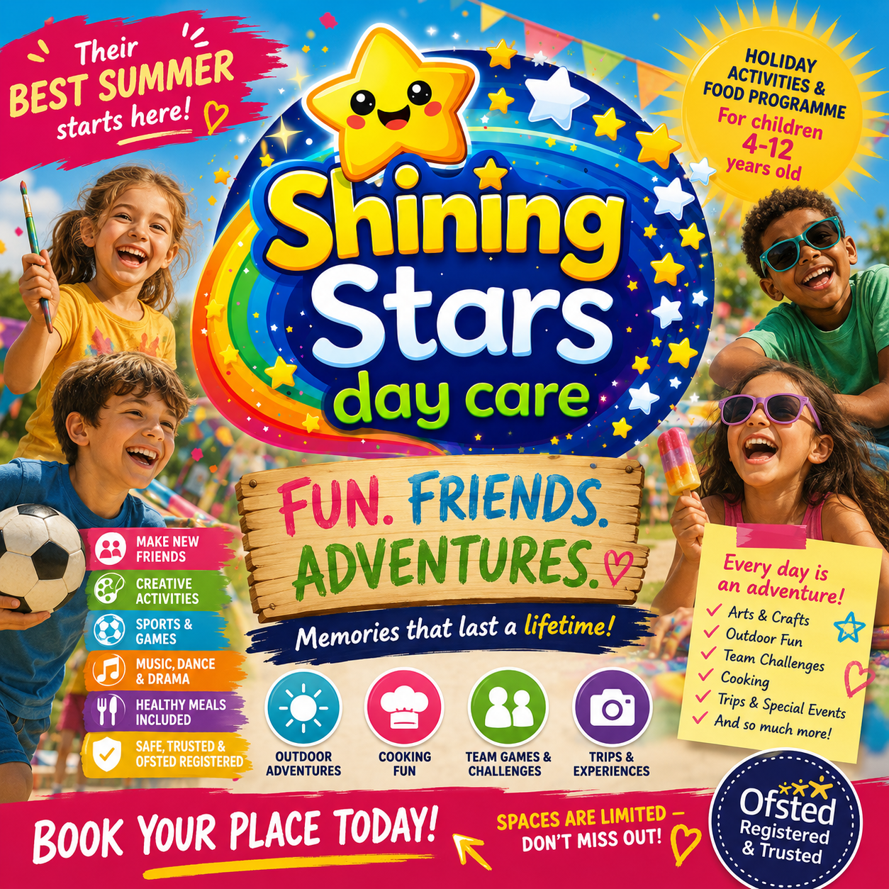 Shiningstars HAF Club summer programme with creative activities, sports, games, meals and outdoor adventures